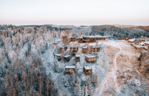 Cottages on a slope covered in snow and surrounded by snowy trees.